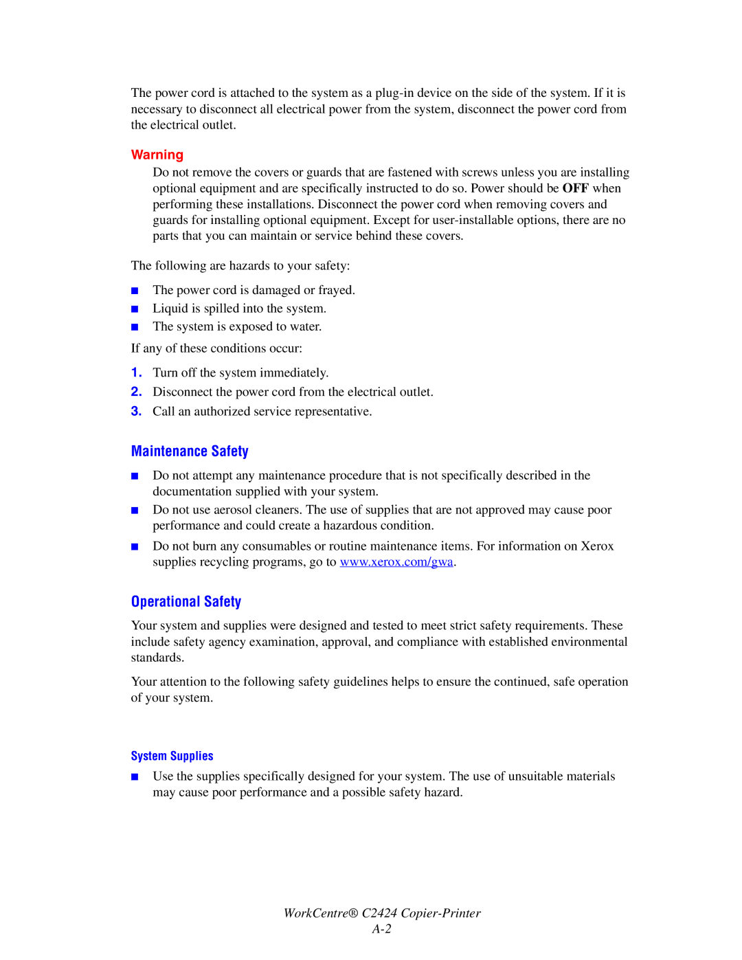 Xerox C424 manual Maintenance Safety, Operational Safety 