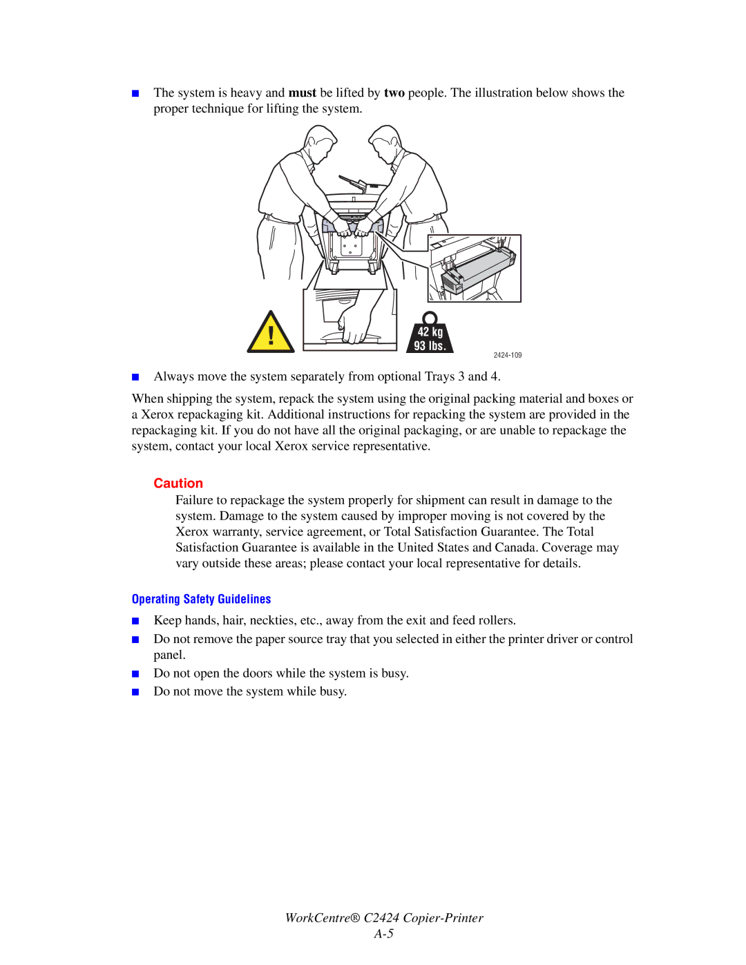 Xerox C424 manual 42 kg 93 lbs 