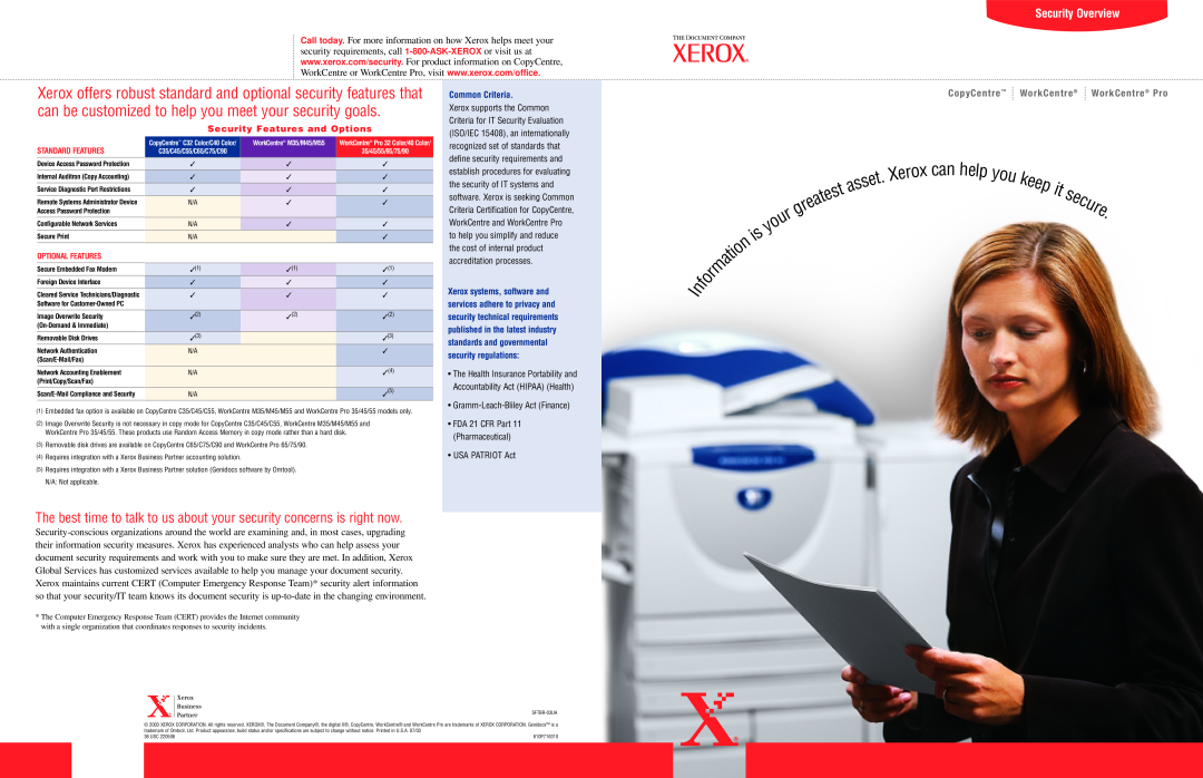 Xerox 32 Color specifications help, Security Overview, secure, keep, CopyCentre WorkCentre WorkCentre Pro, Common Criteria 