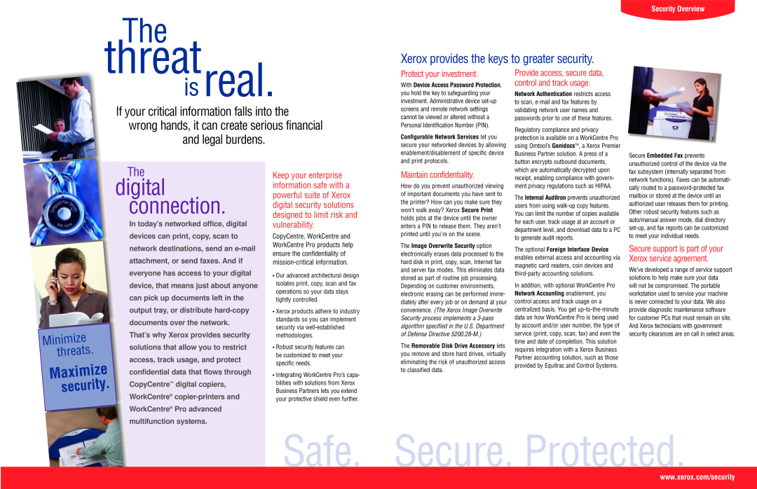 Xerox 55 Protect your investment, Maintain confidentiality, threat, is real, Safe, Secure. Protected, digital connection 