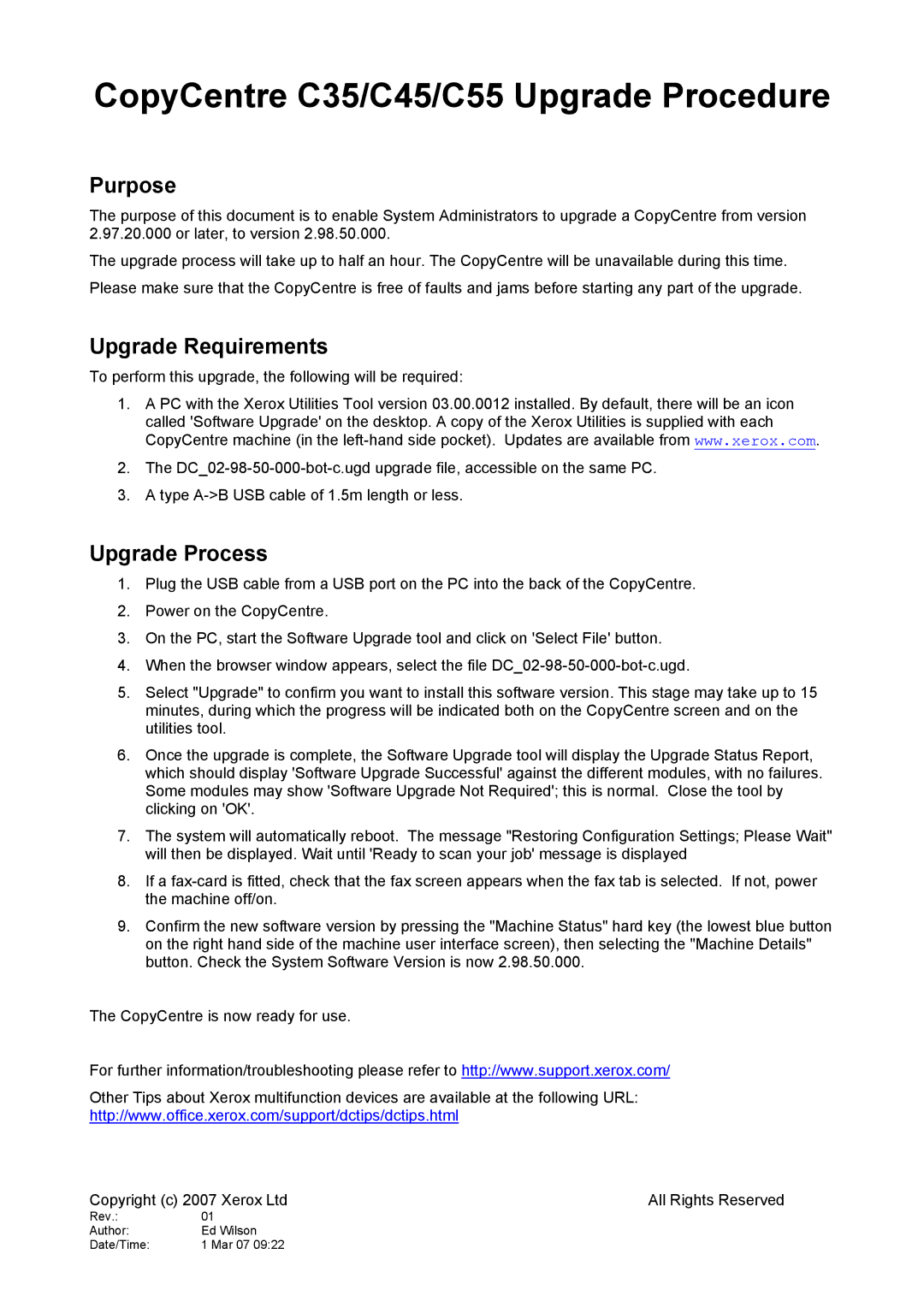 Xerox manual CopyCentre C35/C45/C55 Upgrade Procedure, Purpose, Upgrade Requirements, Upgrade Process 