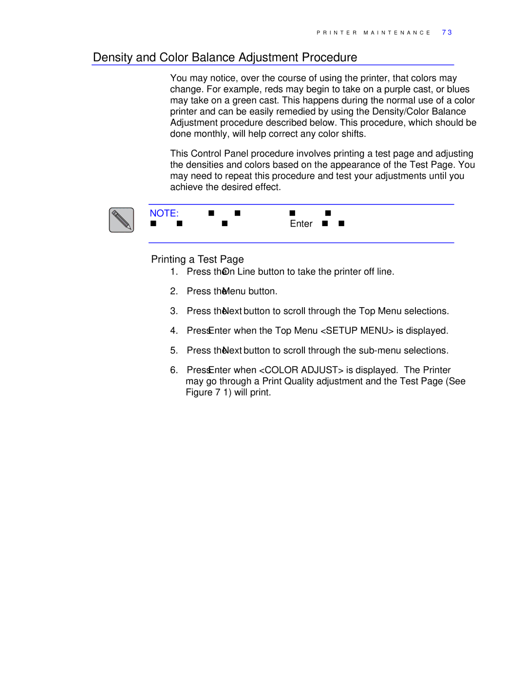 Xerox C55/C55mp manual Density and Color Balance Adjustment Procedure, Printing a Test 