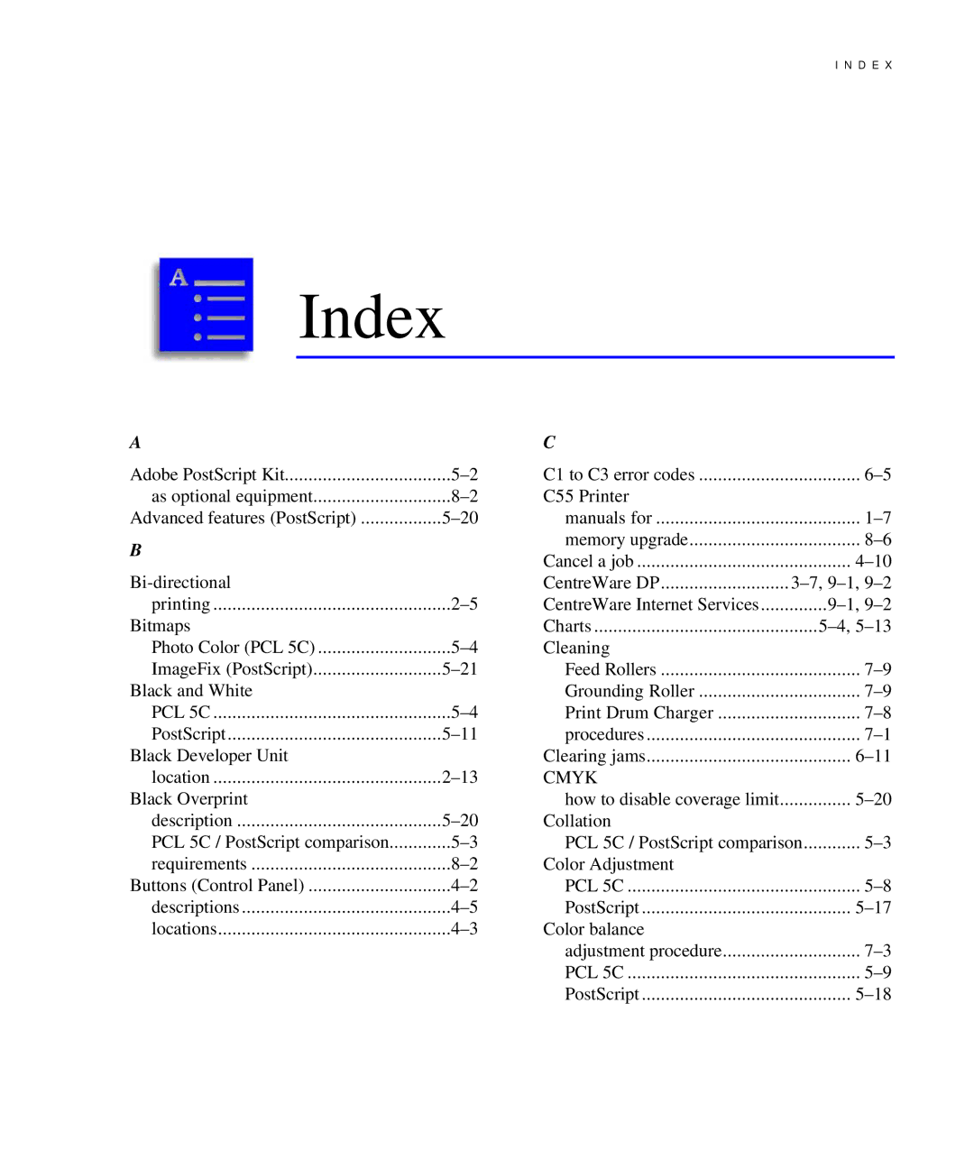 Xerox C55/C55mp manual Index, PCL 5C 