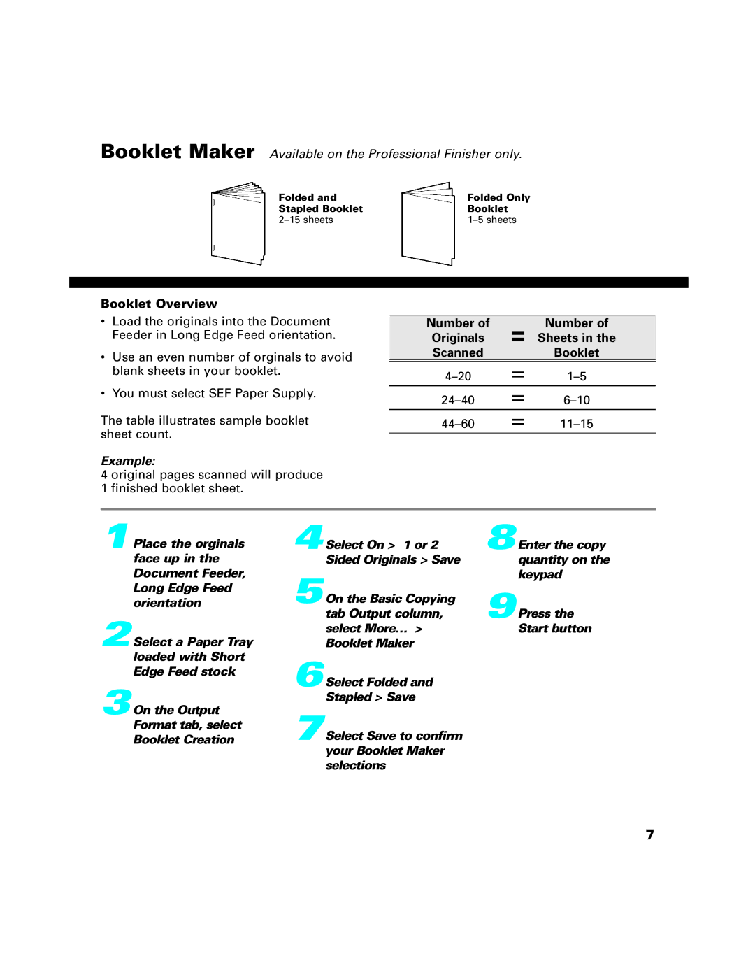 Xerox C90, C75, C65 manual Booklet Overview, Number Originals Sheets 