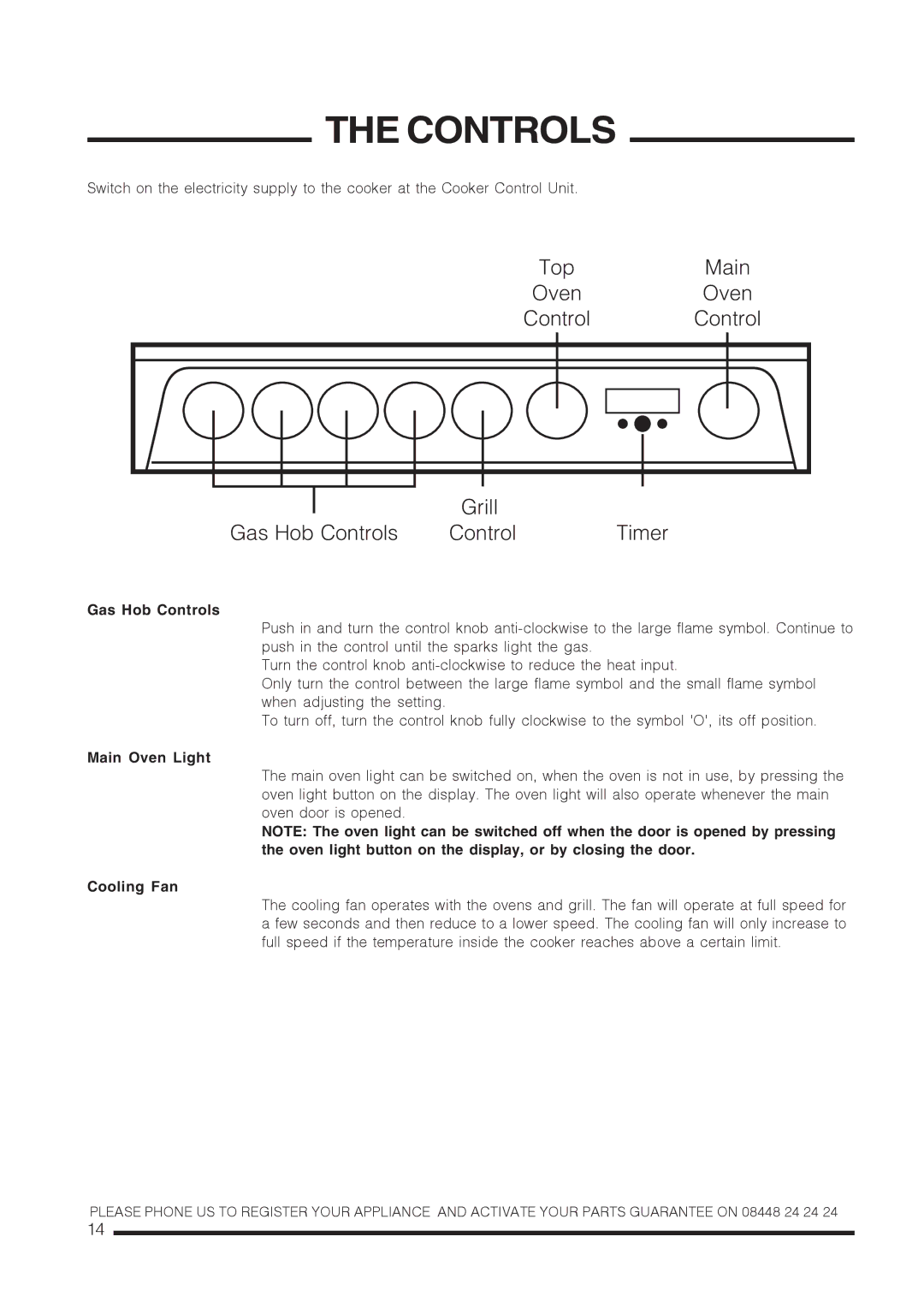 Xerox CH60DPXF, CH60DTXF, CH60DTCF, CH60DPCF installation instructions Gas Hob Controls, Main Oven Light, Cooling Fan 