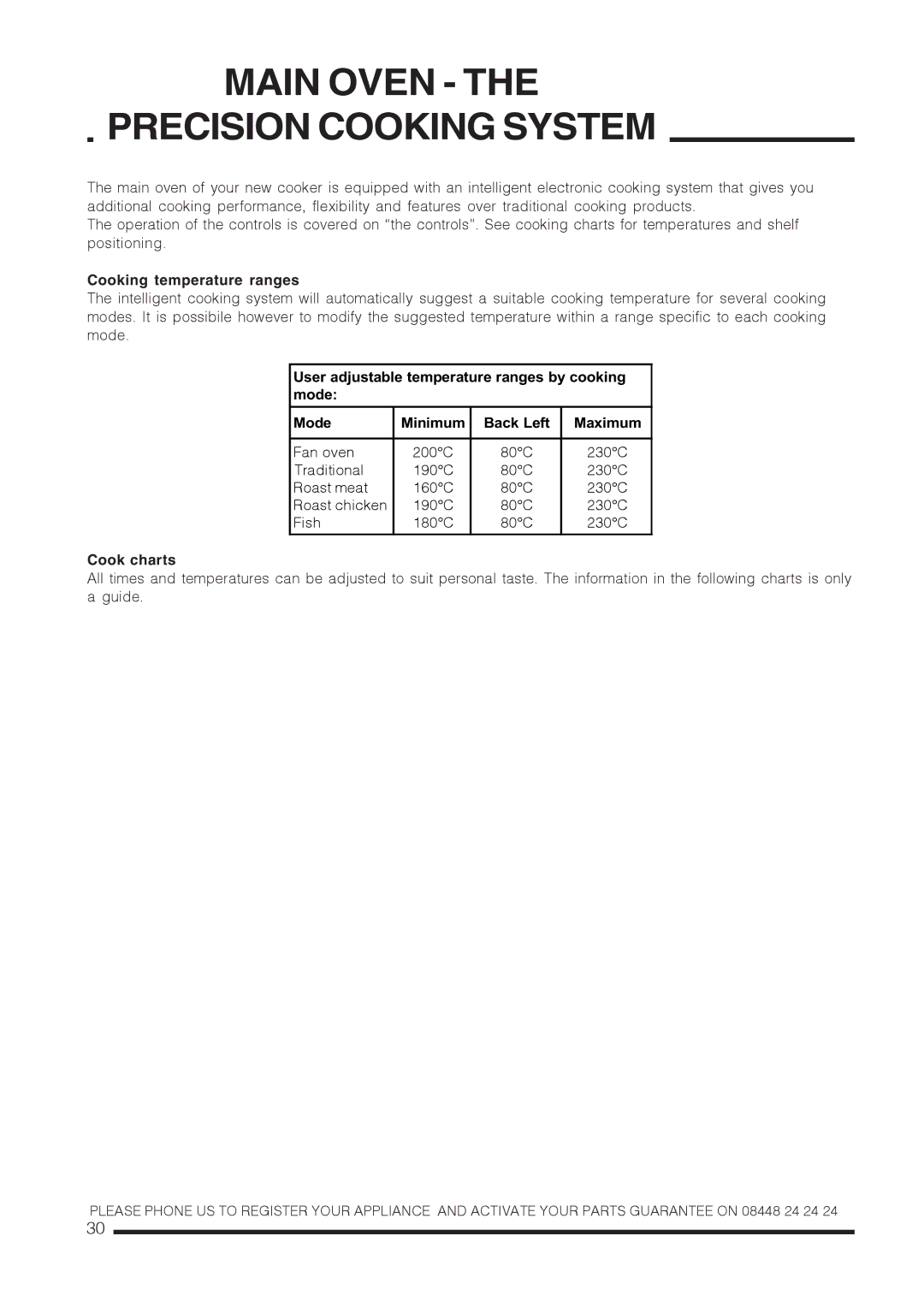 Xerox CH60DPXF, CH60DTXF, CH60DTCF, CH60DPCF Main Oven Precision Cooking System, Cooking temperature ranges, Cook charts 