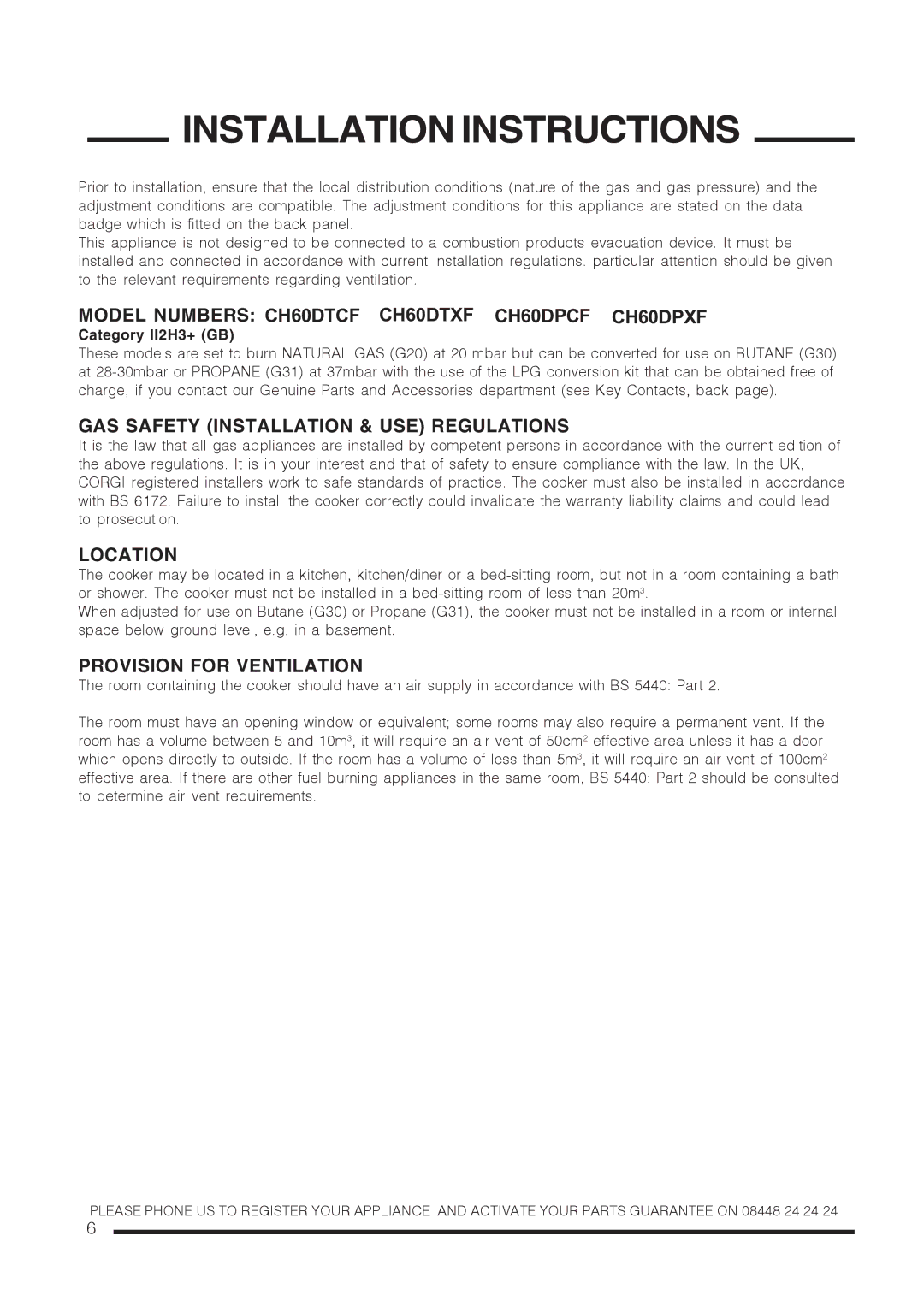 Xerox CH60DPXF Installation Instructions, GAS Safety Installation & USE Regulations, Location, Provision for Ventilation 