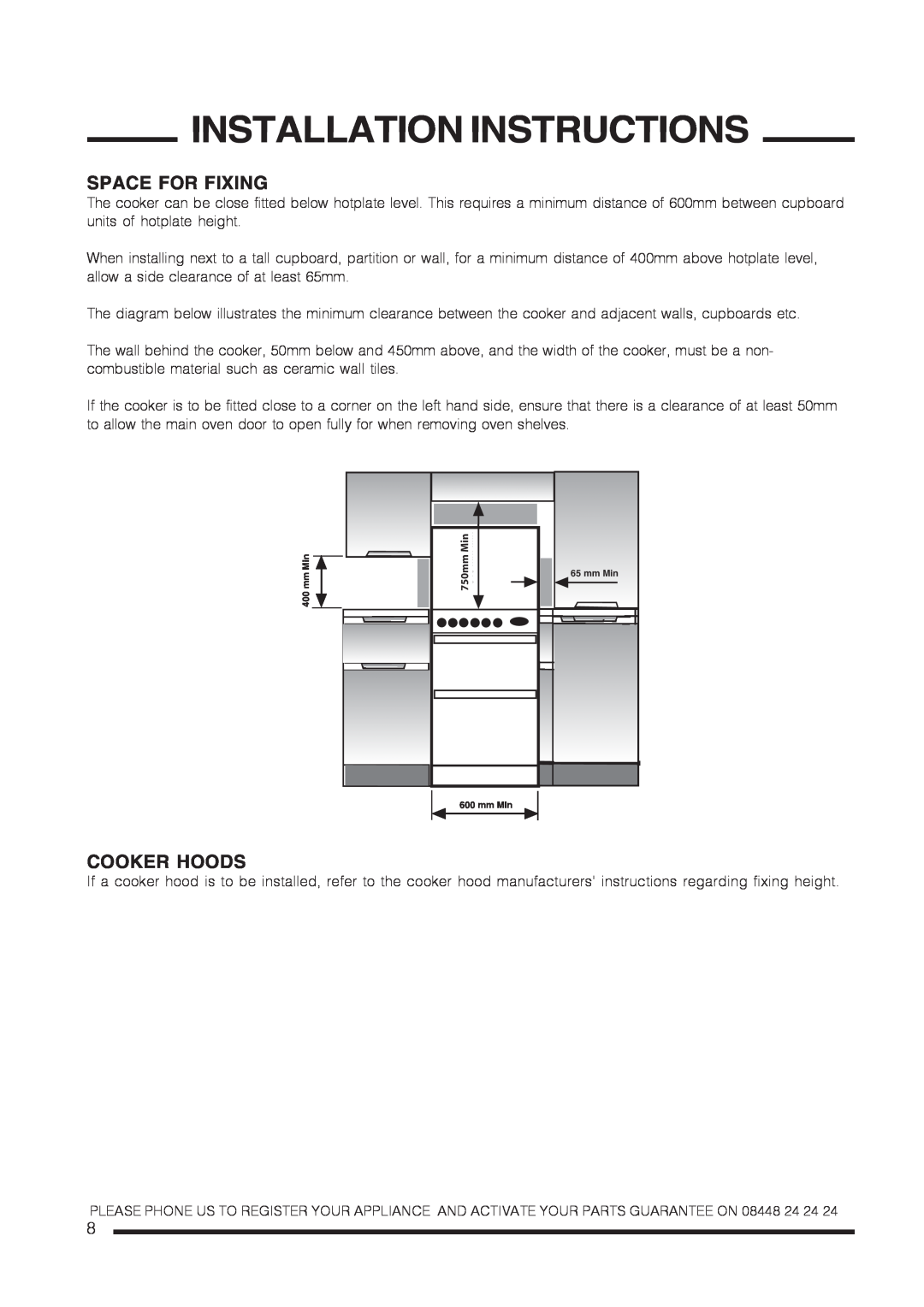 Xerox CH60DTXF, CH60DTCF, CH60DPXF, CH60DPCF Space For Fixing, Cooker Hoods, Installation Instructions, 750mm 