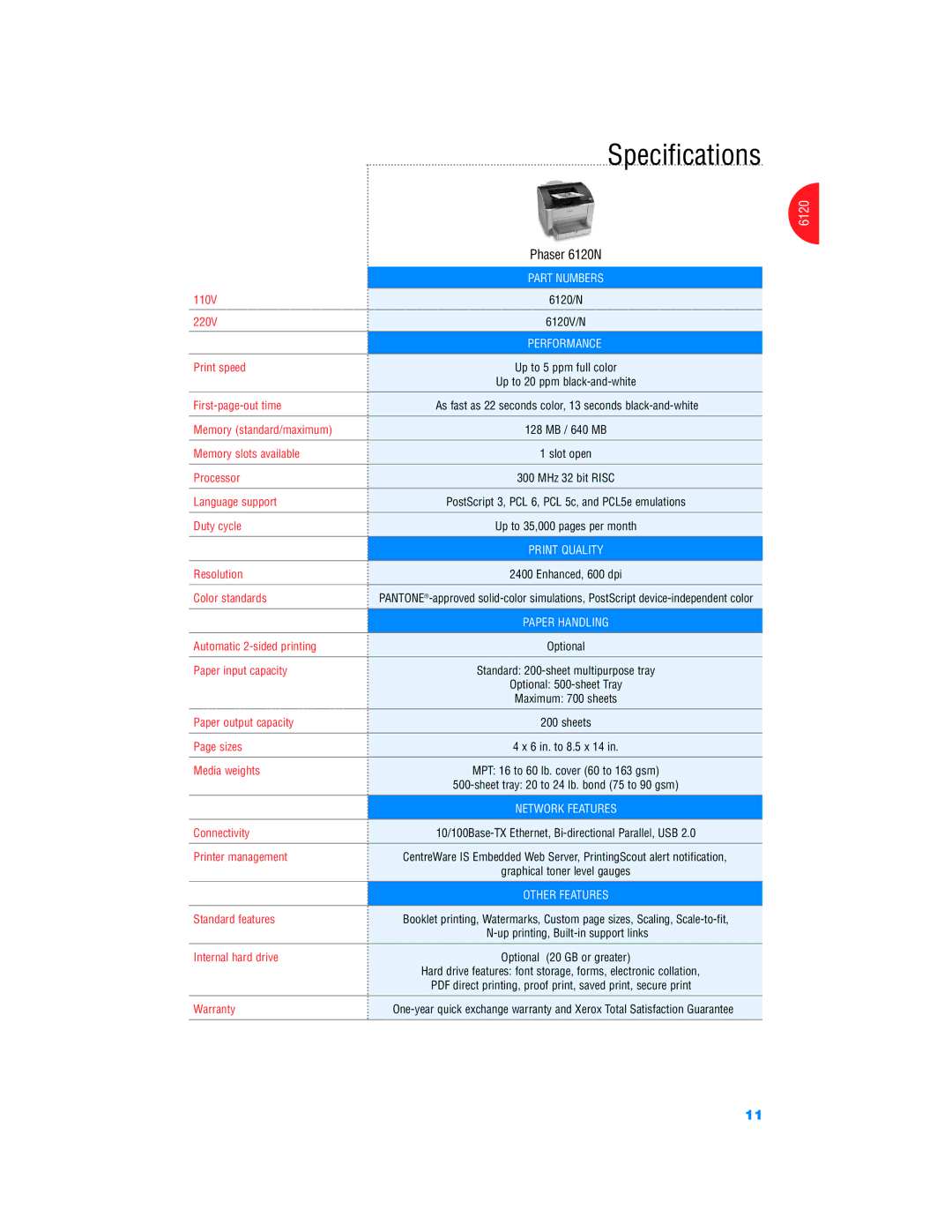 Xerox Color Laser Printer manual Specifications 