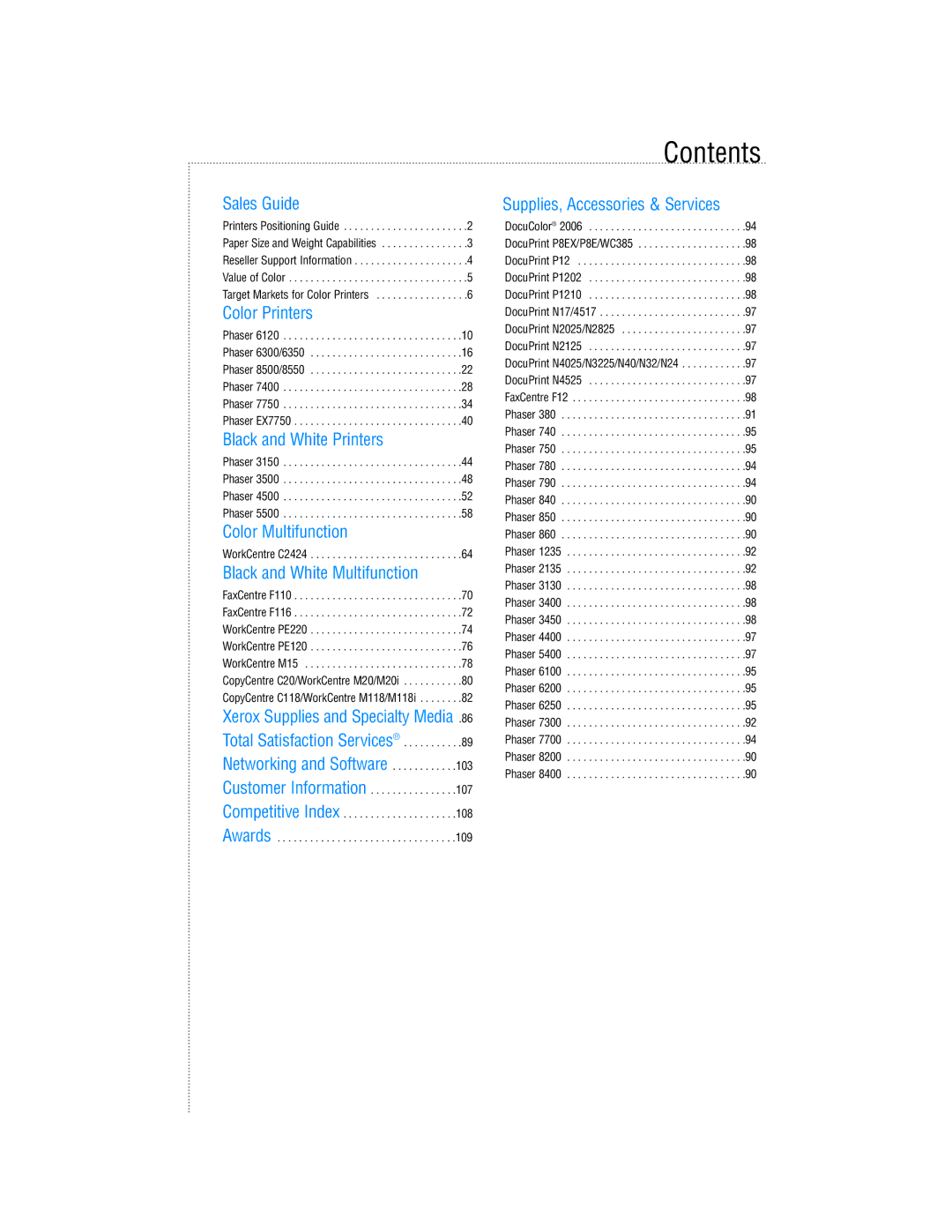 Xerox Color Laser Printer manual Contents 