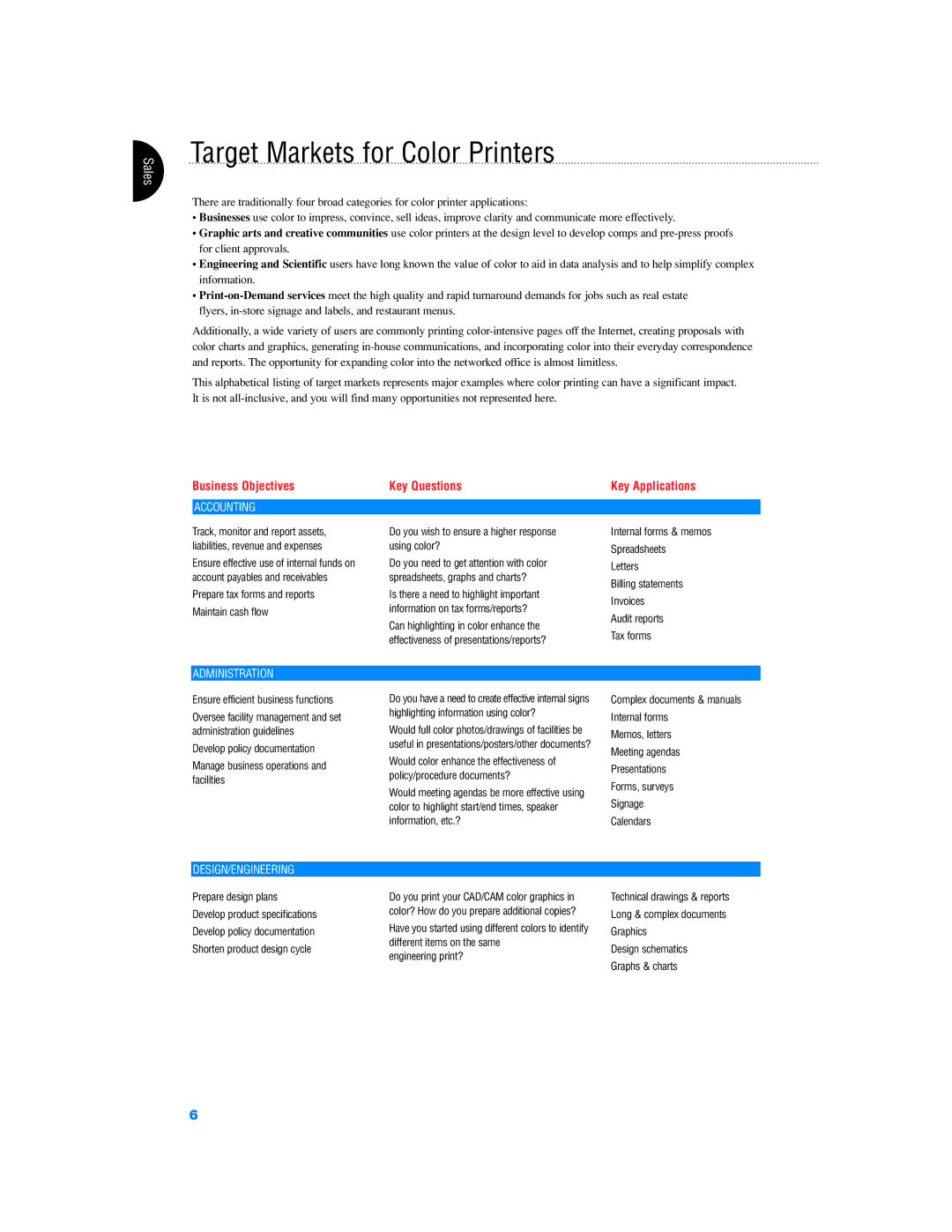 Xerox Color Laser Printer manual Target Markets for Color Printers, Accounting, Administration, Design/Engineering 