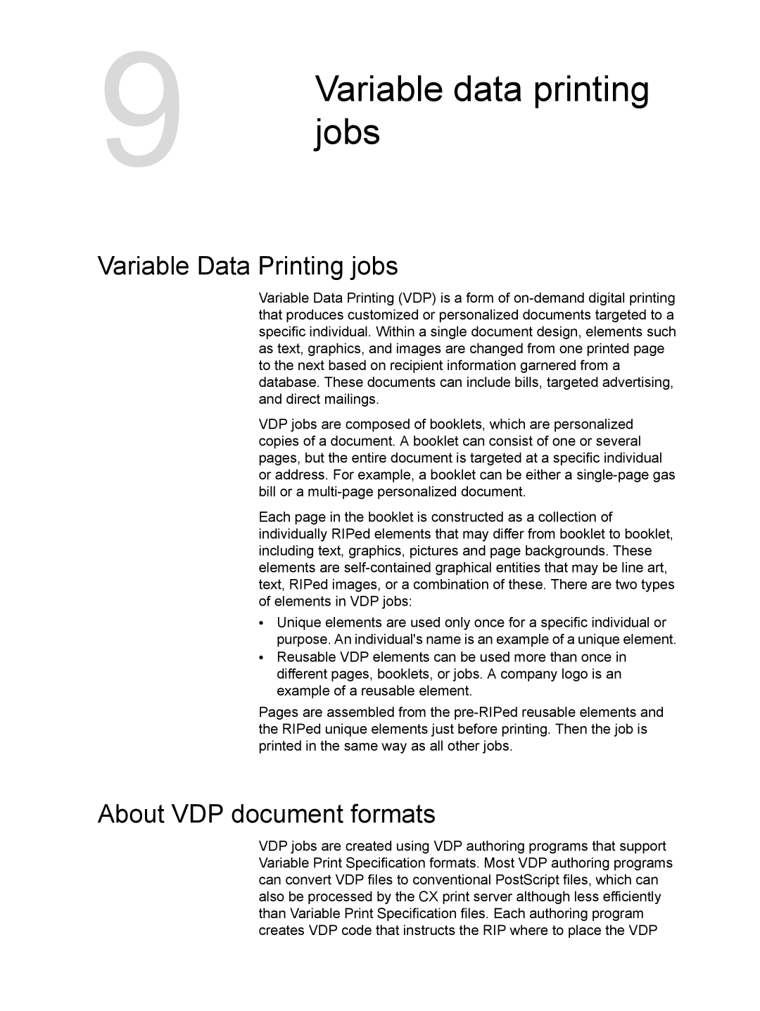 Xerox CX manual Variable data printing, Jobs, Variable Data Printing jobs, About VDP document formats 