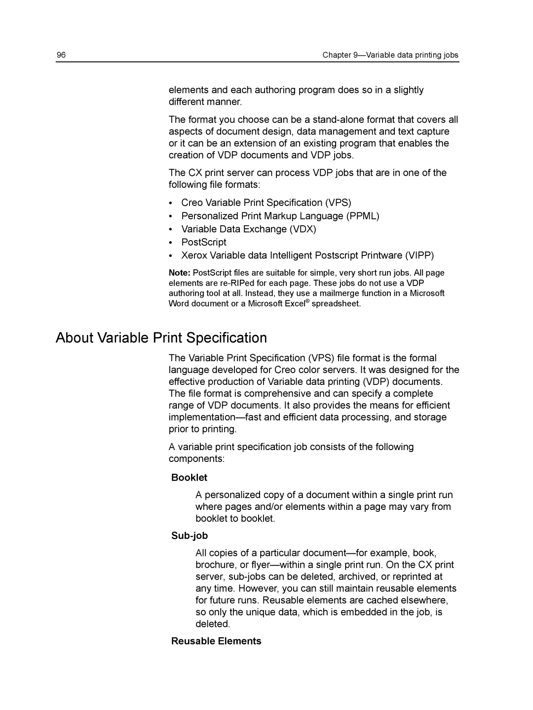 Xerox CX manual About Variable Print Specification, Booklet, Sub-job, Reusable Elements 