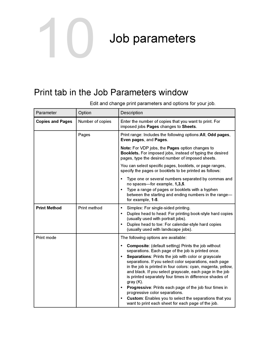 Xerox CX manual Job parameters, Print tab in the Job Parameters window 