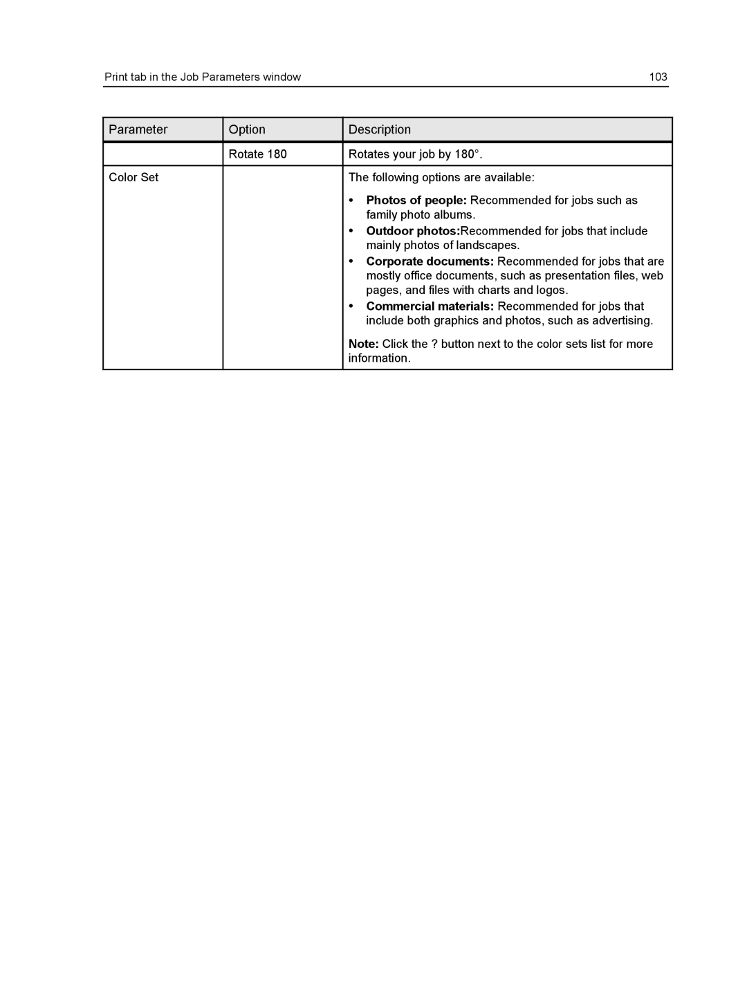 Xerox CX manual Print tab in the Job Parameters window 103 