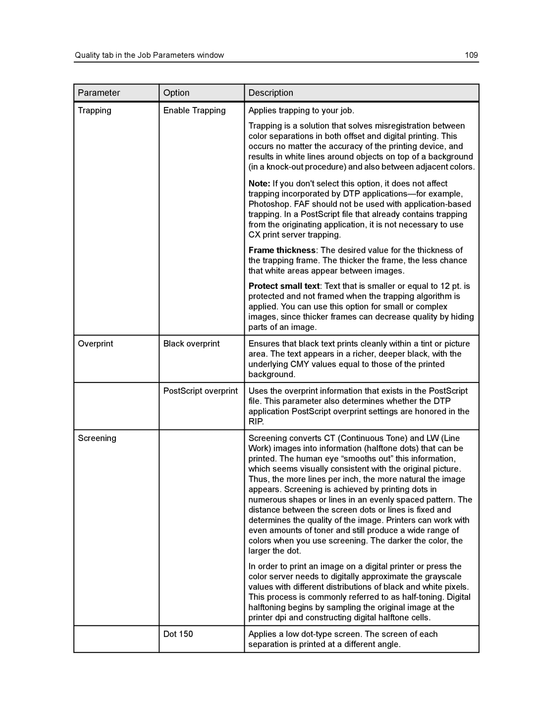 Xerox CX manual Quality tab in the Job Parameters window 109 