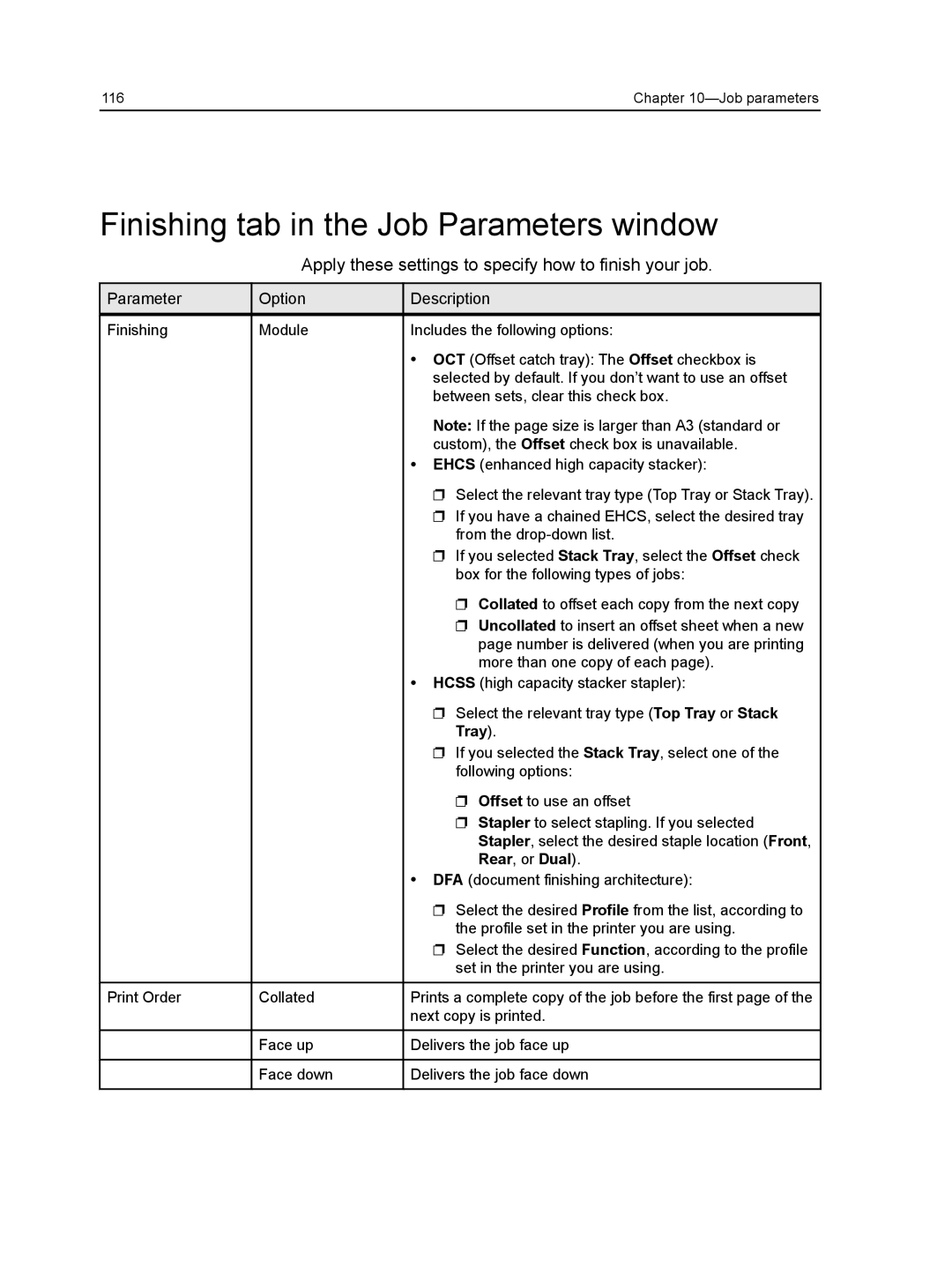 Xerox CX manual Finishing tab in the Job Parameters window, Apply these settings to specify how to finish your job 