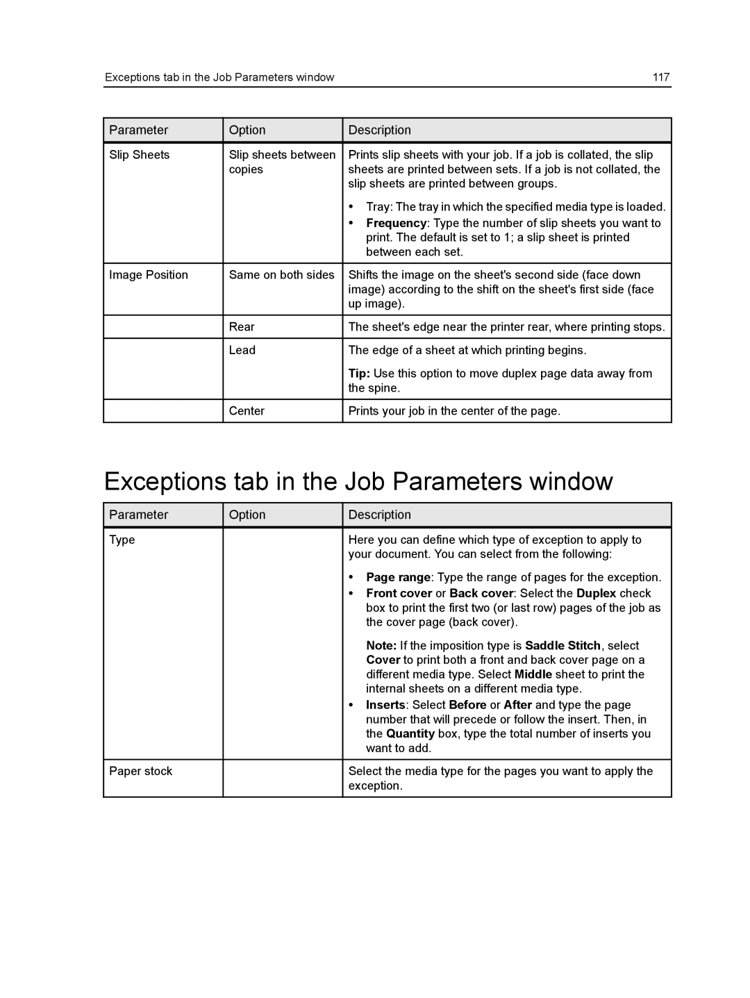 Xerox CX manual Exceptions tab in the Job Parameters window 