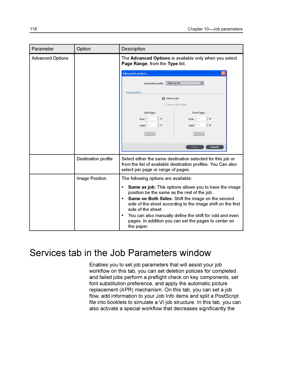 Xerox CX manual Services tab in the Job Parameters window 