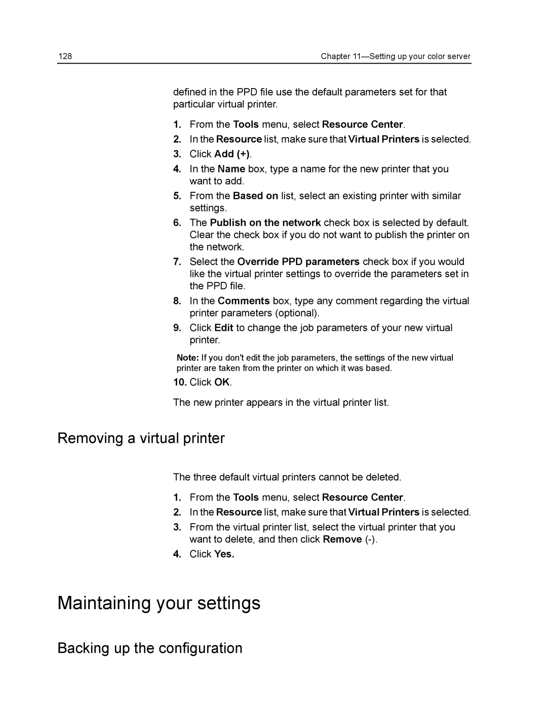 Xerox CX manual Maintaining your settings, Removing a virtual printer, Backing up the configuration 