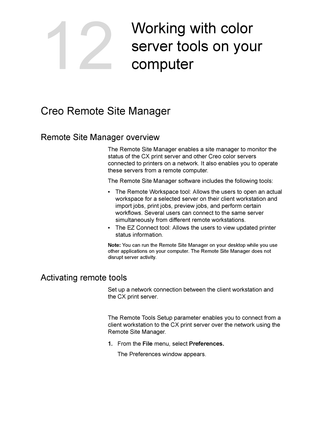 Xerox CX manual Working with color server tools on your computer, Creo Remote Site Manager, Remote Site Manager overview 