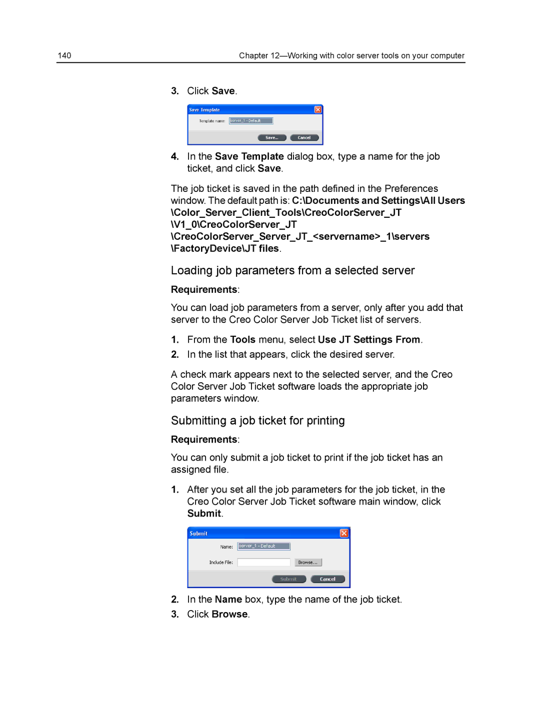 Xerox CX manual Loading job parameters from a selected server, Submitting a job ticket for printing 