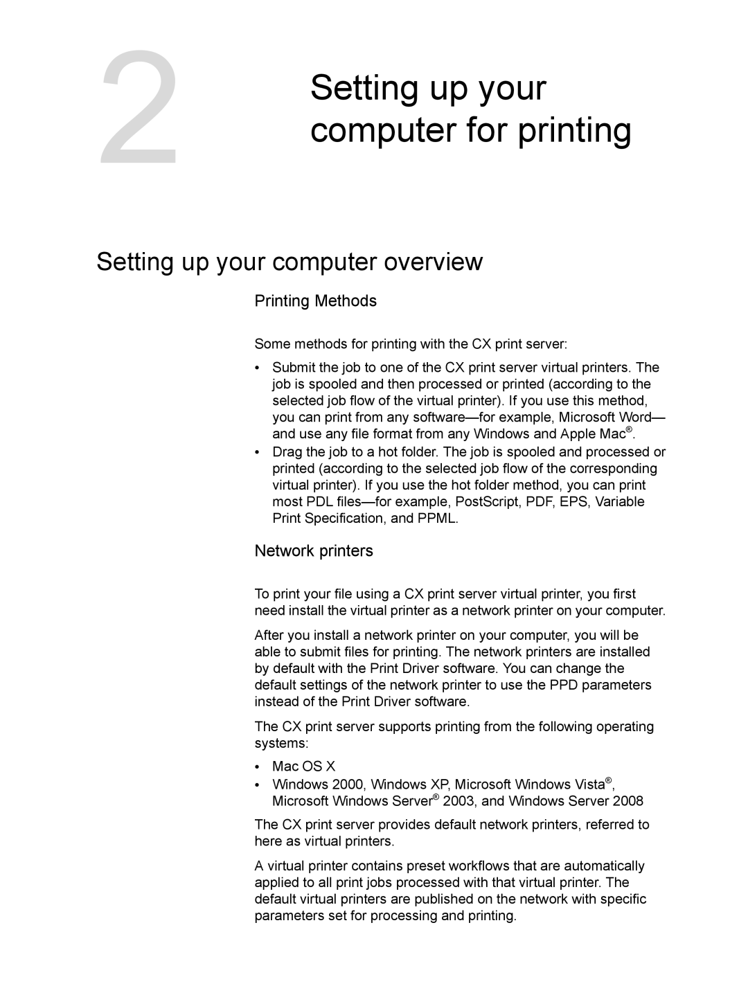 Xerox CX manual Computer for printing, Setting up your computer overview, Printing Methods, Network printers 