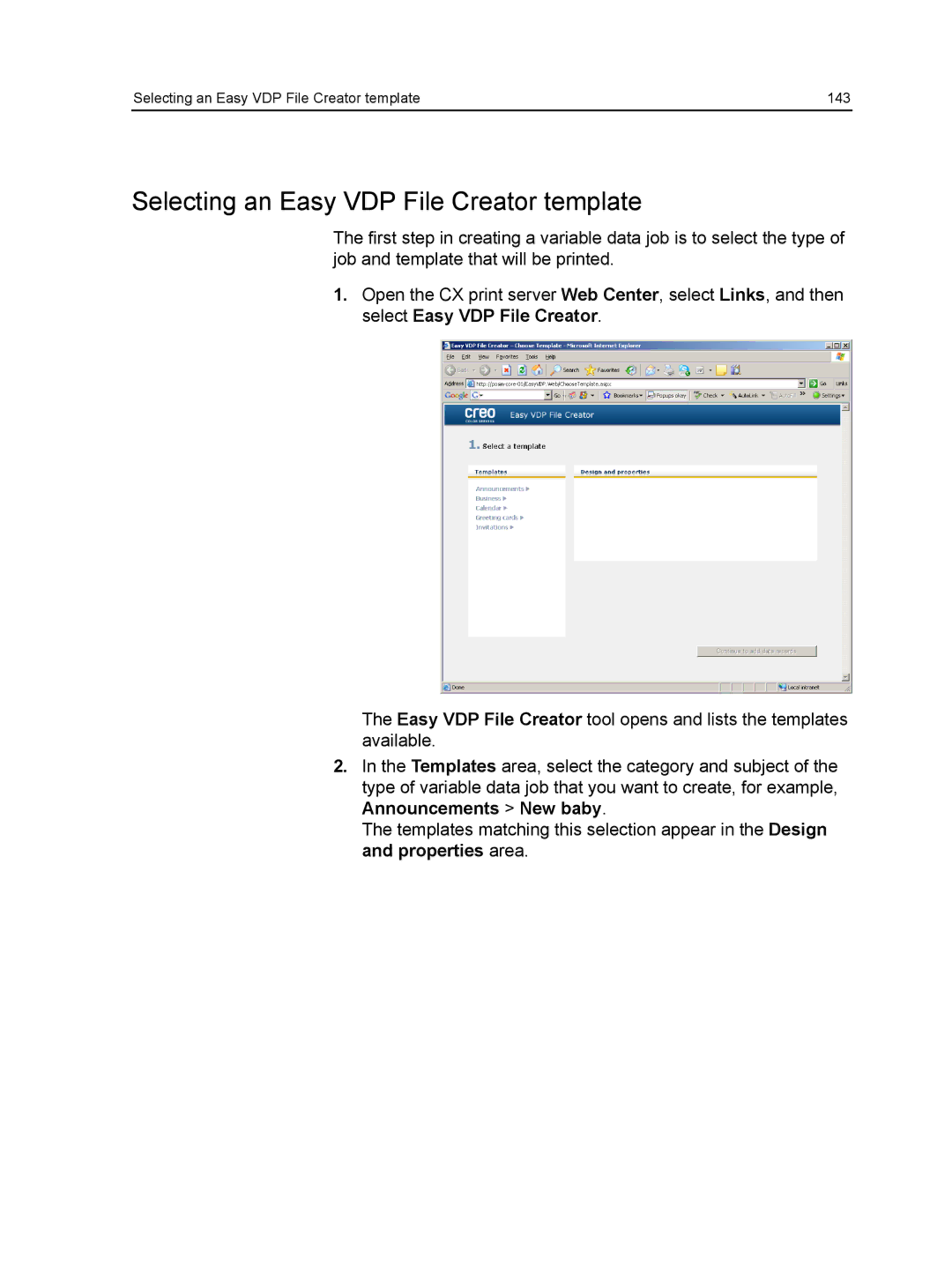 Xerox CX manual Selecting an Easy VDP File Creator template 