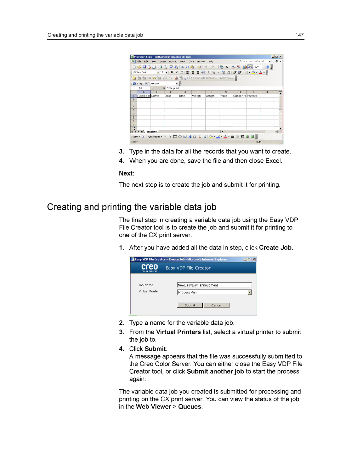 Xerox CX manual Creating and printing the variable data job 