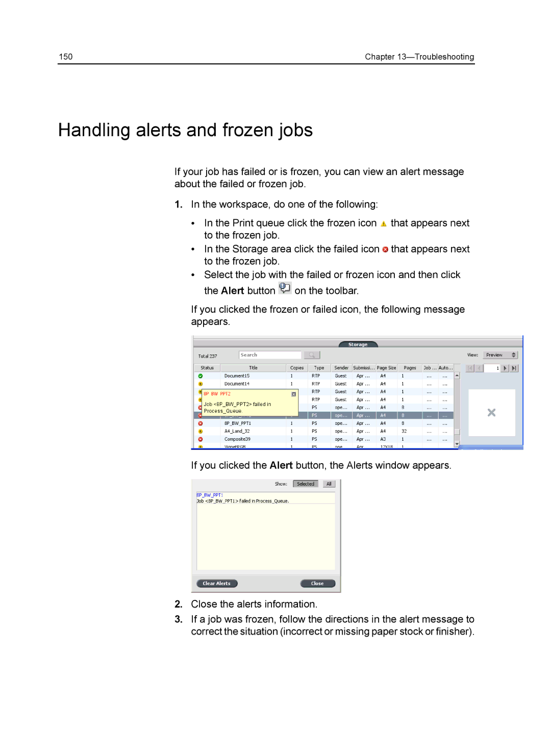 Xerox CX manual Handling alerts and frozen jobs 