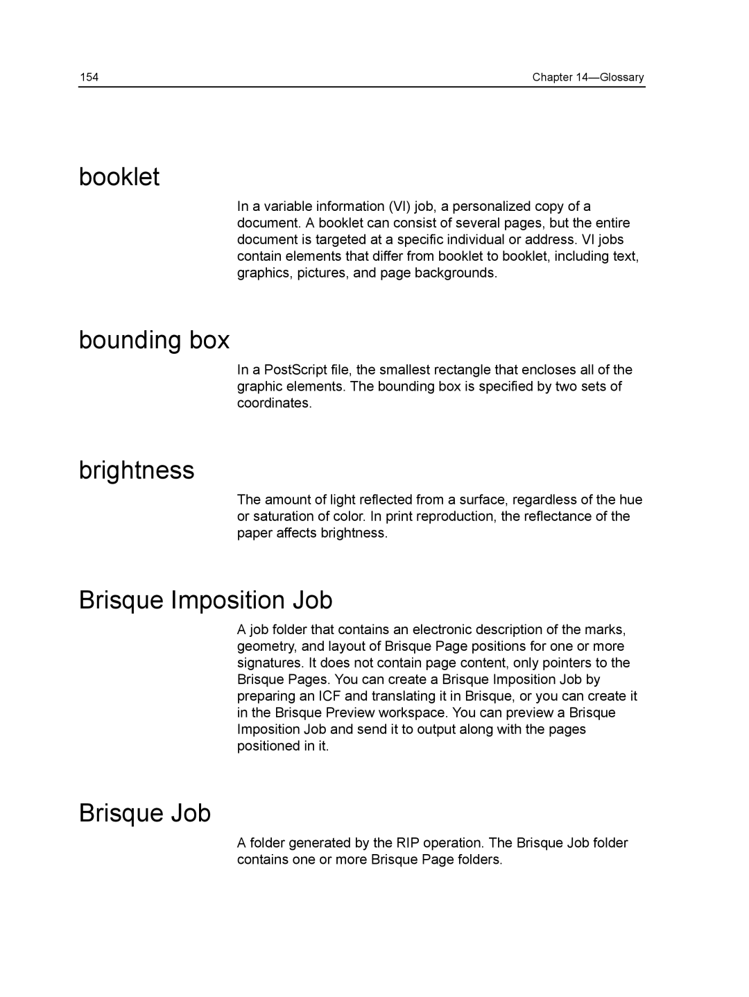 Xerox CX manual Booklet, Bounding box, Brightness, Brisque Imposition Job, Brisque Job 