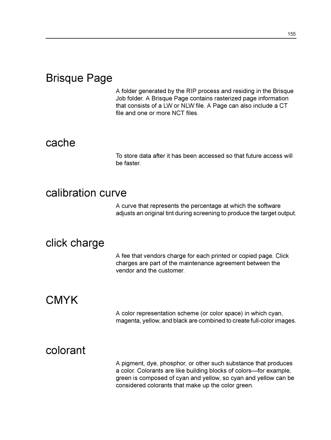 Xerox CX manual Brisque, Cache, Calibration curve, Click charge, Colorant 