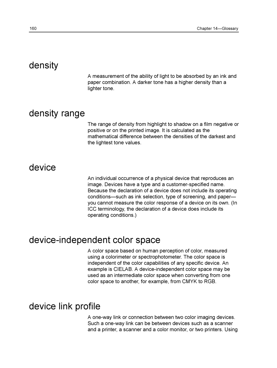 Xerox CX manual Density range, Device-independent color space, Device link profile 