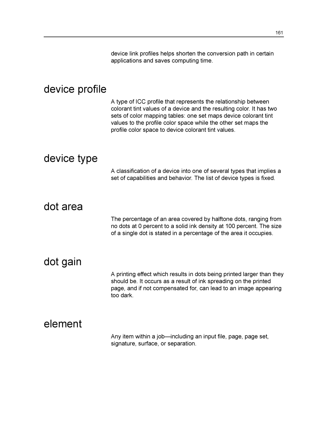 Xerox CX manual Device profile, Device type, Dot area, Dot gain, Element 