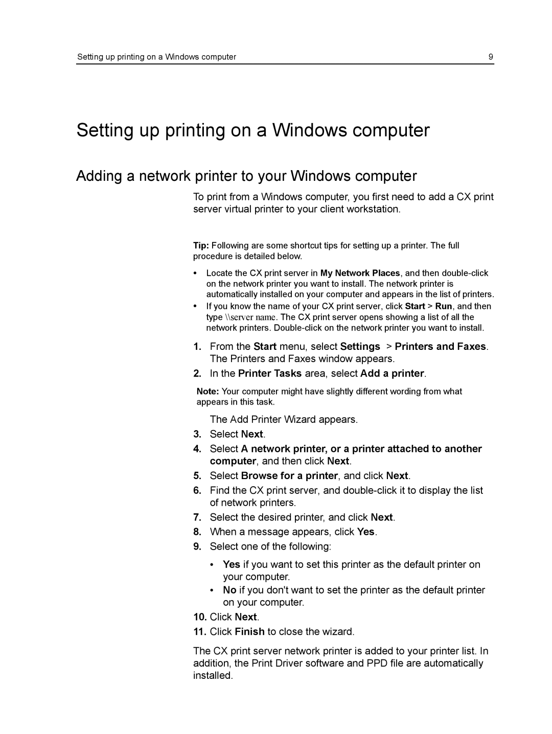 Xerox CX manual Setting up printing on a Windows computer, Adding a network printer to your Windows computer 