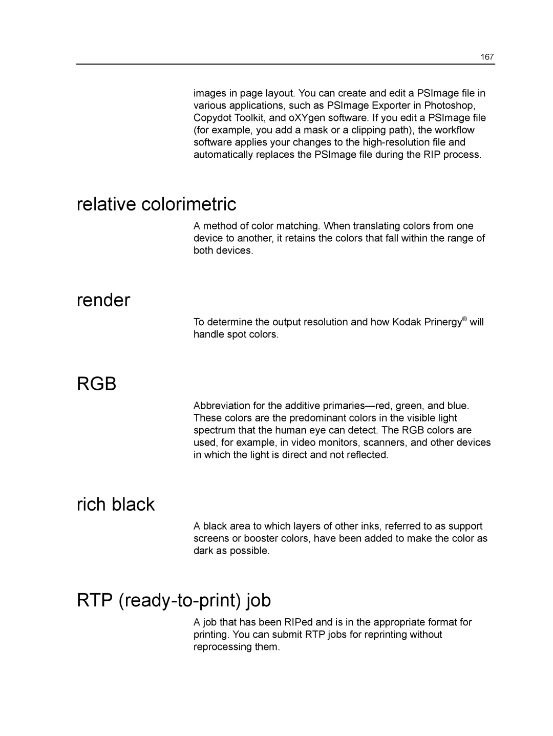 Xerox CX manual Relative colorimetric, Render, Rich black, RTP ready-to-print job 