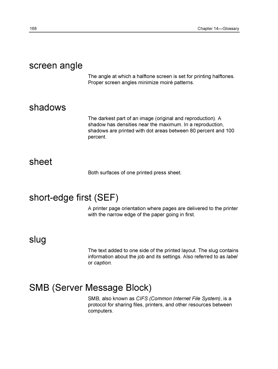 Xerox CX manual Screen angle, Shadows, Sheet, Short-edge first SEF, Slug, SMB Server Message Block 