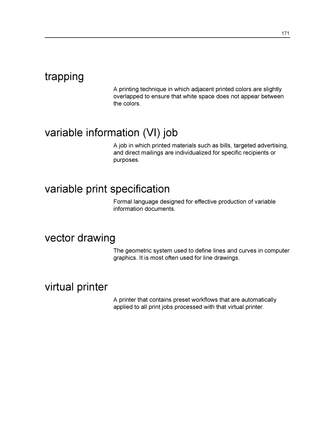 Xerox CX manual Trapping, Variable information VI job, Variable print specification, Vector drawing, Virtual printer 