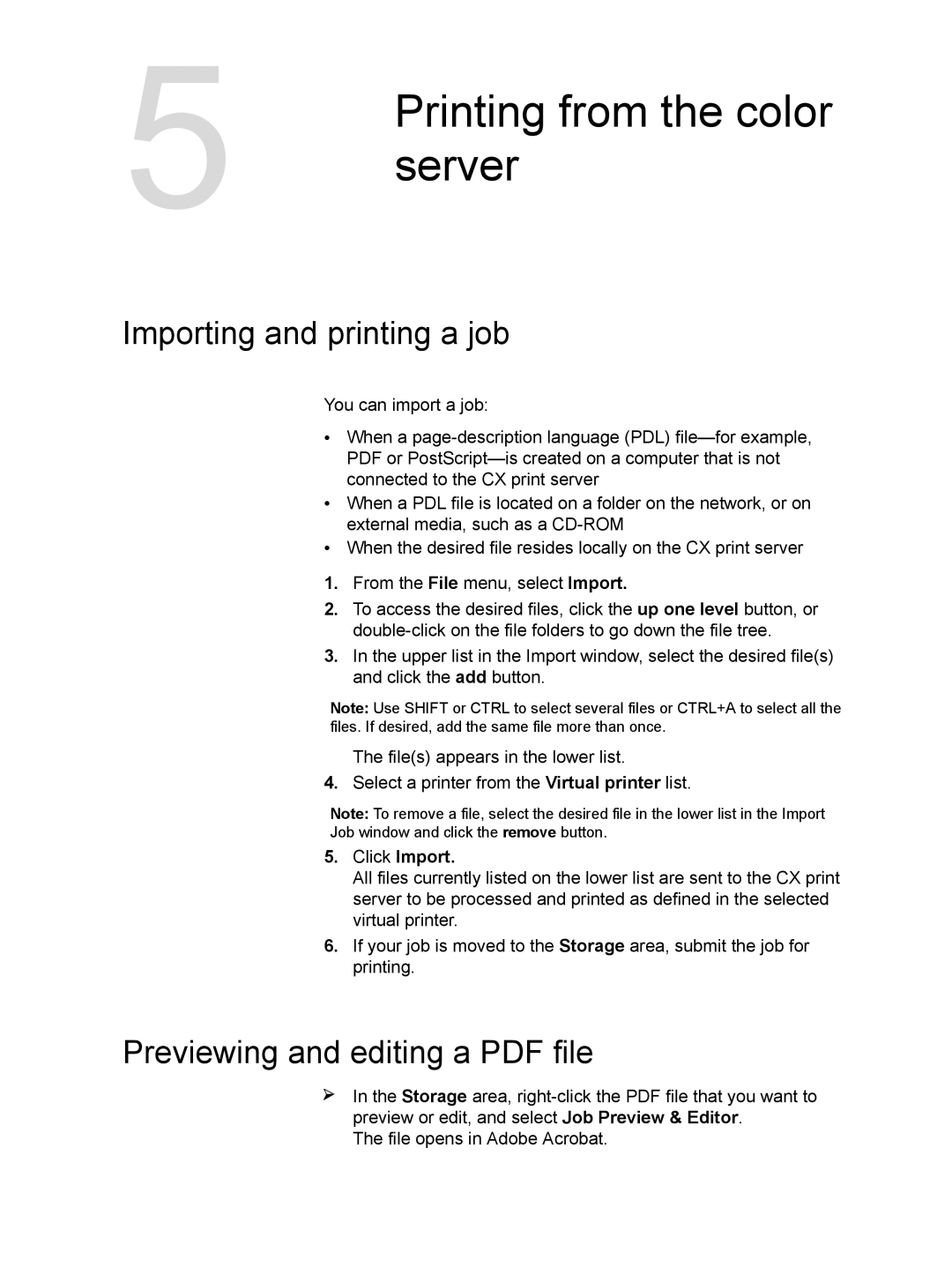 Xerox CX manual Printing from the color, Server, Importing and printing a job, Click Import 