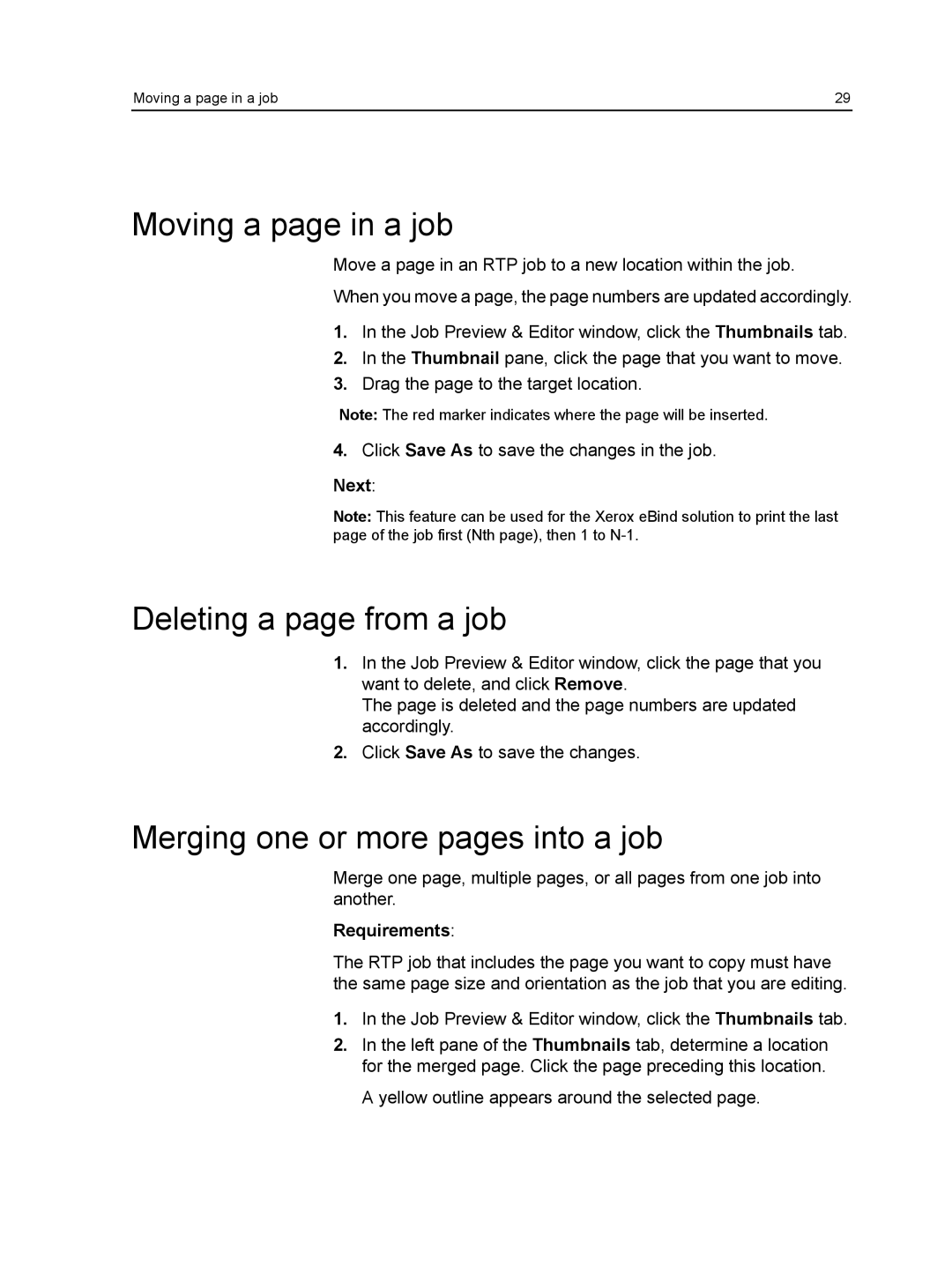 Xerox CX manual Moving a page in a job, Deleting a page from a job, Merging one or more pages into a job, Next 