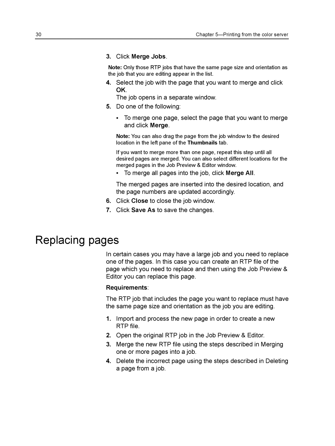 Xerox CX manual Replacing pages, Click Merge Jobs 