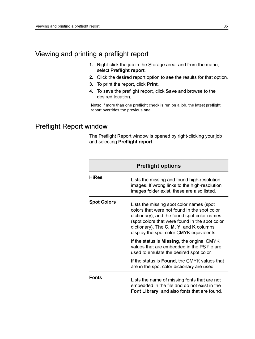 Xerox CX manual Viewing and printing a preflight report, Preflight Report window, HiRes, Spot Colors, Fonts 