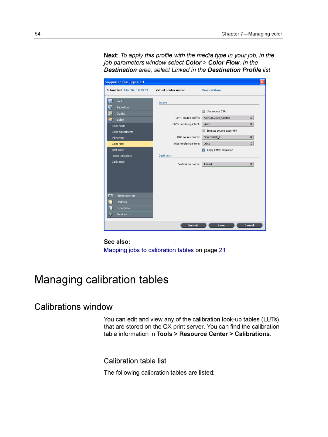 Xerox CX manual Managing calibration tables, Calibrations window, Calibration table list 