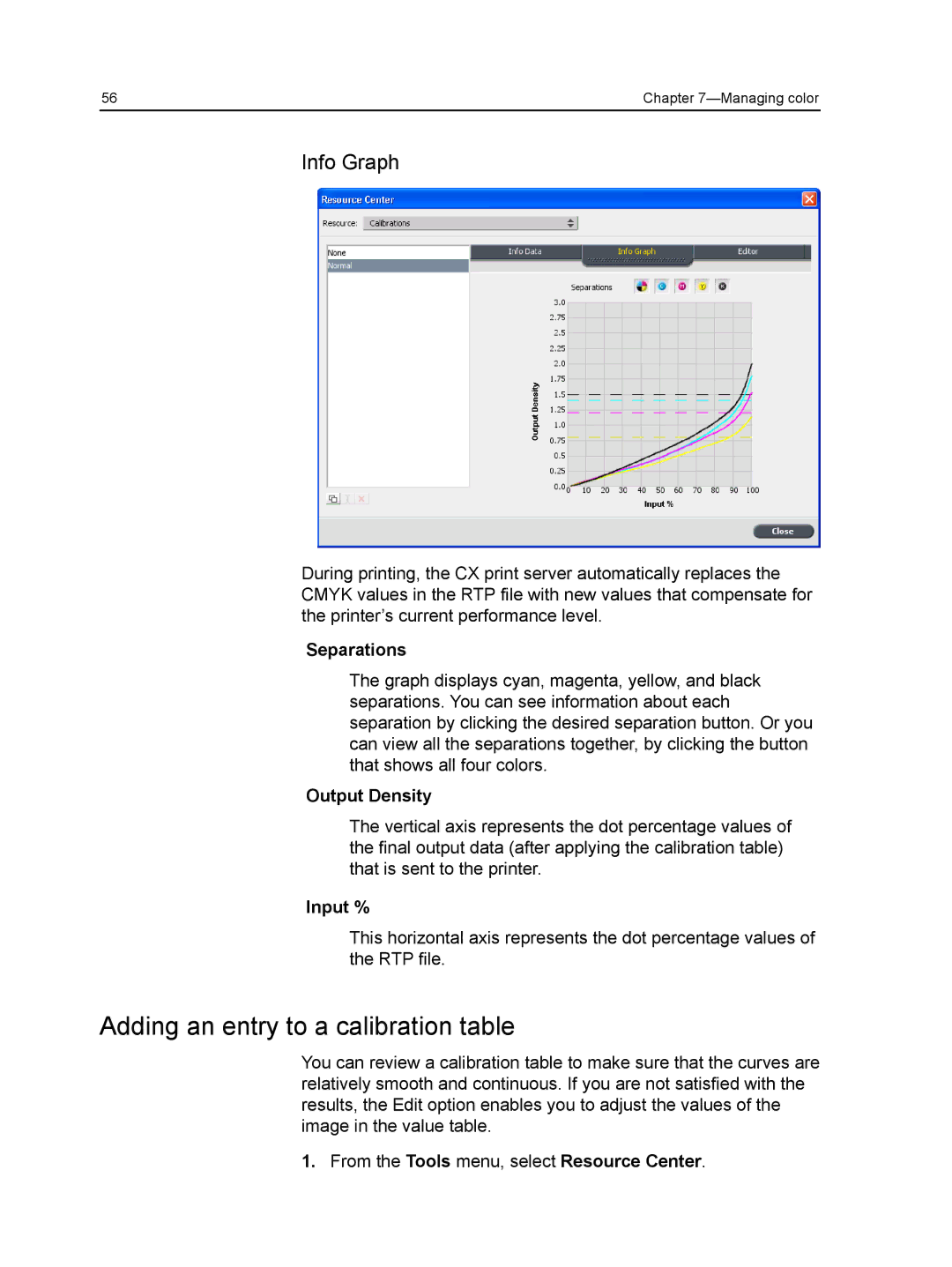 Xerox CX manual Adding an entry to a calibration table, Info Graph, Separations, Input % 