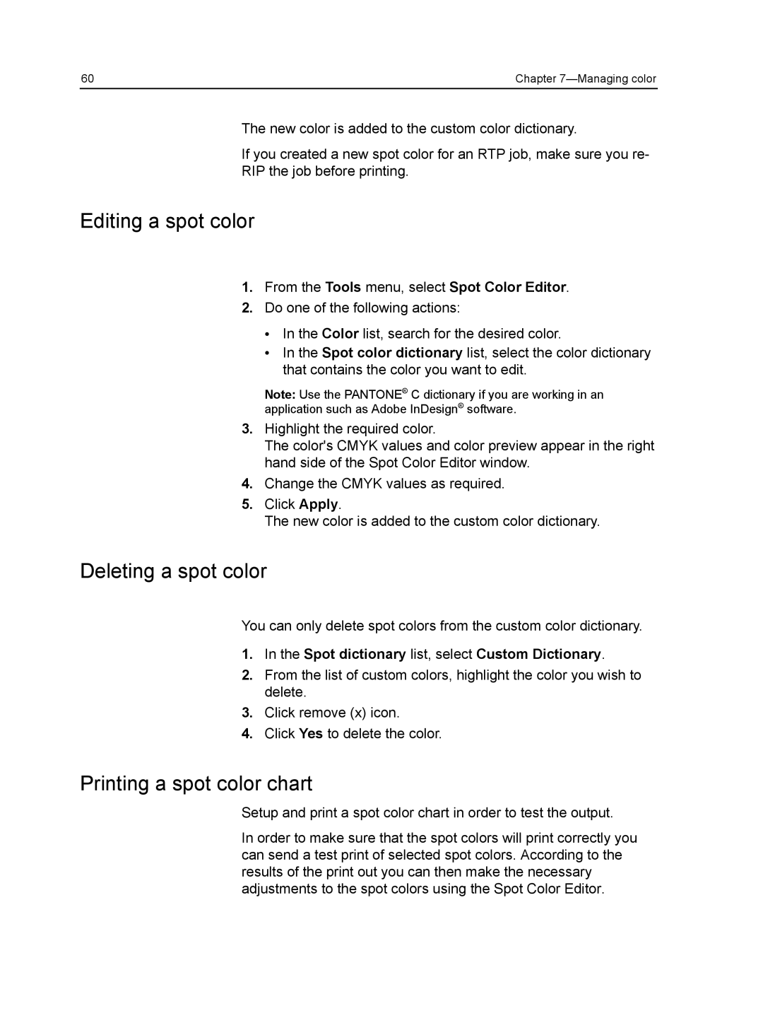 Xerox CX manual Editing a spot color, Deleting a spot color, Printing a spot color chart 