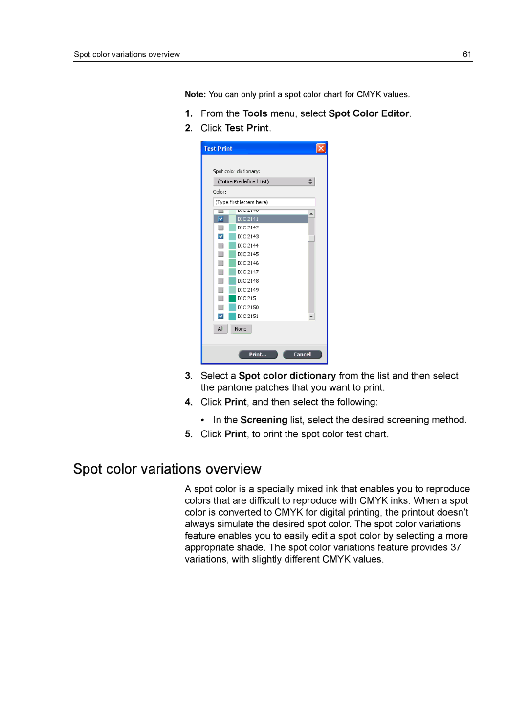 Xerox CX manual Spot color variations overview, Click Test Print 