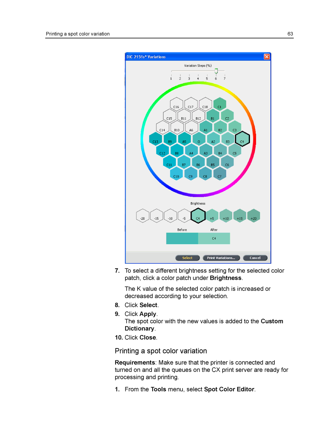 Xerox CX manual Printing a spot color variation, From the Tools menu, select Spot Color Editor 