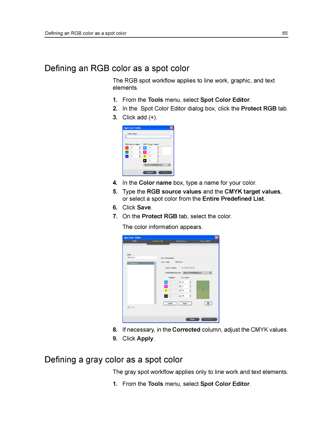 Xerox CX manual Defining an RGB color as a spot color, Defining a gray color as a spot color 