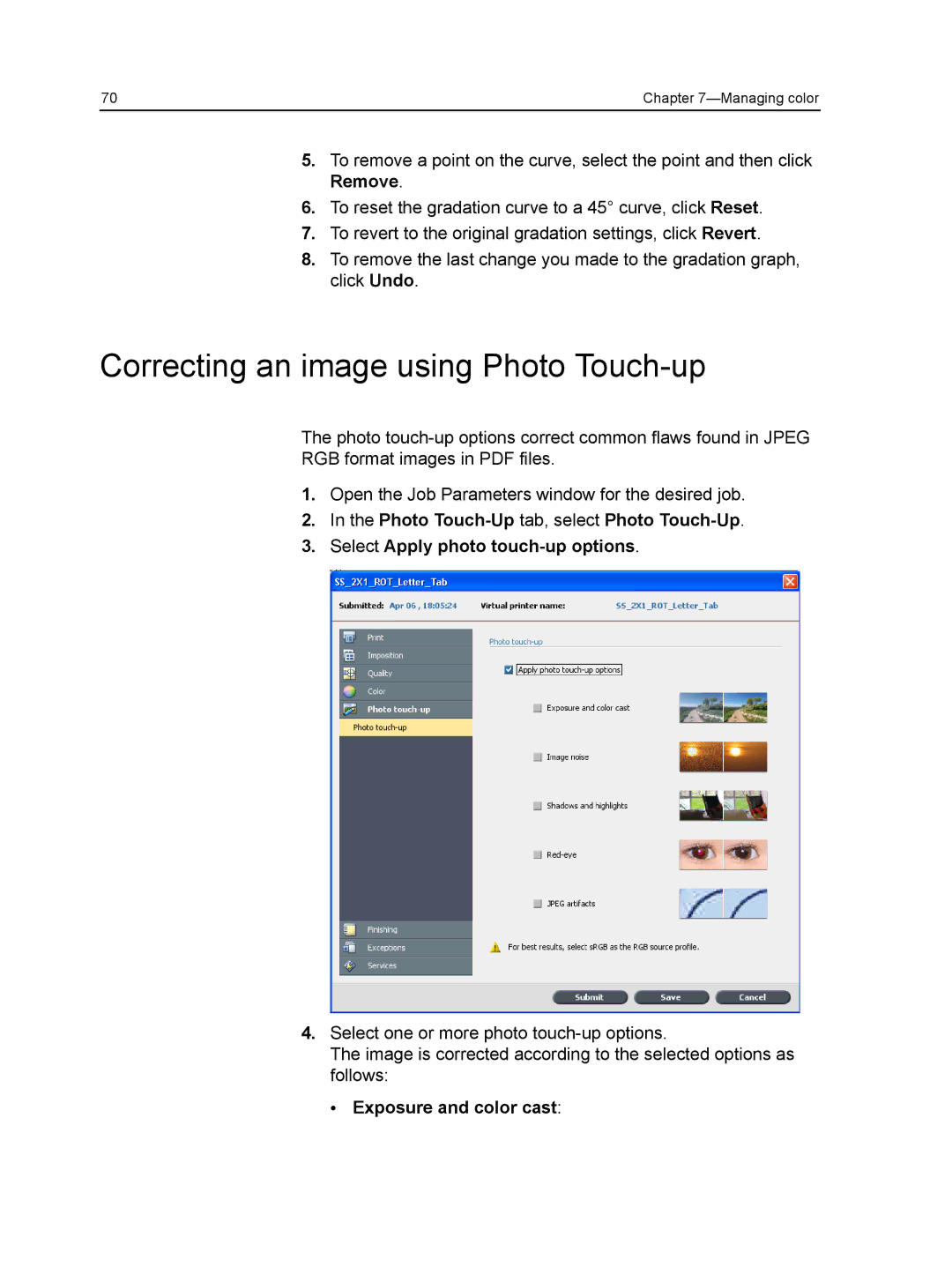 Xerox CX manual Correcting an image using Photo Touch-up, Exposure and color cast 