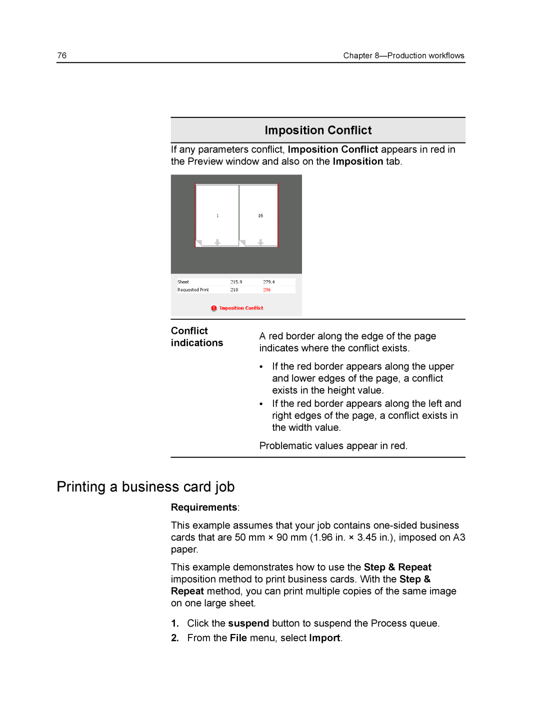 Xerox CX manual Printing a business card job, Conflict indications 